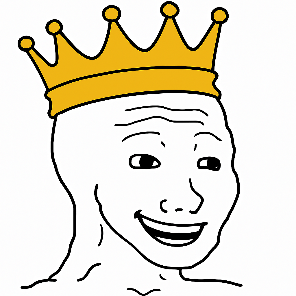A cartoon drawing of a bald man with a happy smile wearing a golden crown, representing Entry Kings.